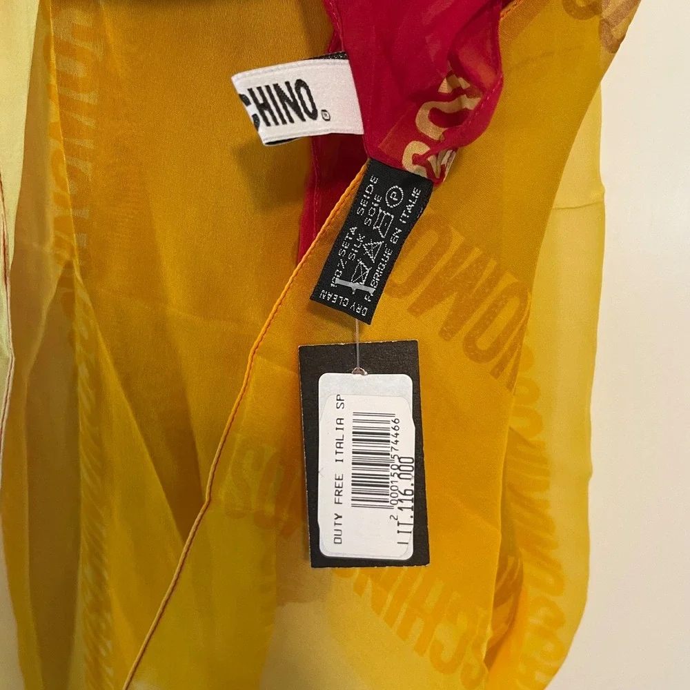 NWT Moschino Silk Chiffon Scarf Red‎ Orange Yellow Logo Stripe